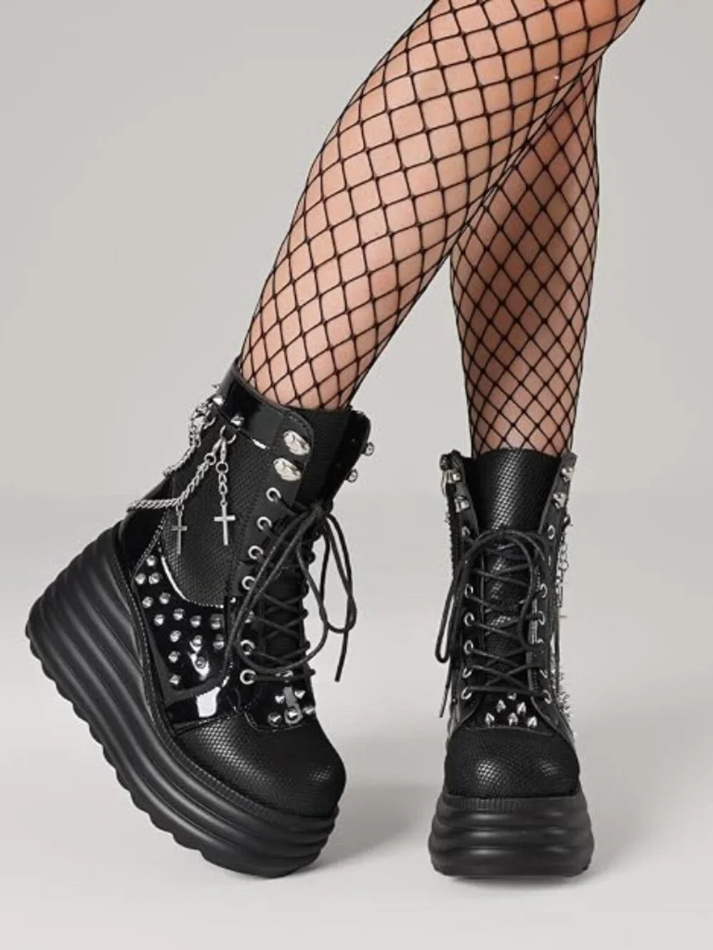 NIB Black Platform Goth Combat Boots Mesh Studded Punk Rave Ankle Booties